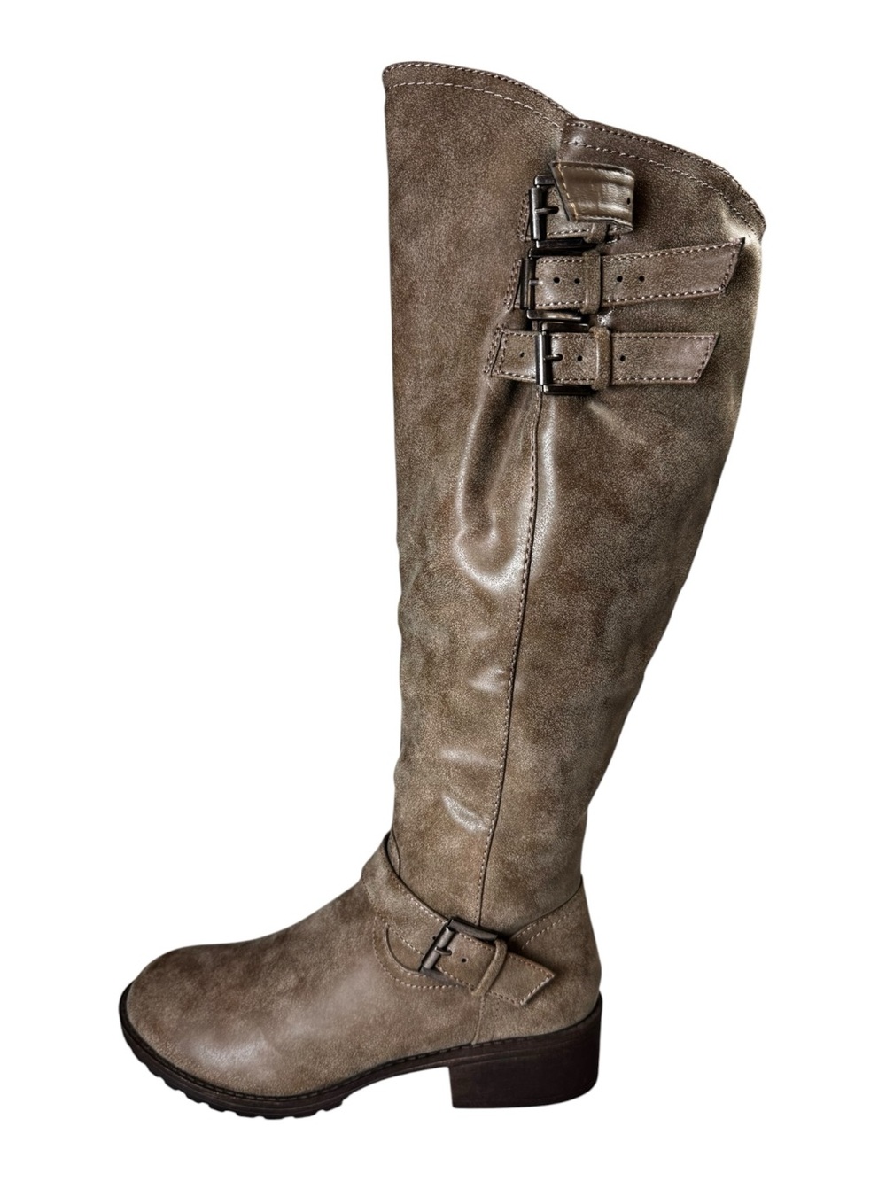Madden Girl Taupe Distressed Buckle Moto Knee High Riding Boots 8 M